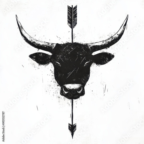 A stylized male bull head silhouette, rendered in a distressed, graphic style, pierced by a vertical arrow, set against a stark white background, creating a bold and symbolic composition.