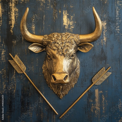A sculpted, metallic gold bull head with textured details and curved horns, mounted on a rustic, dark blue wooden surface with gold accents, flanked by two diagonal metallic gold arrows.