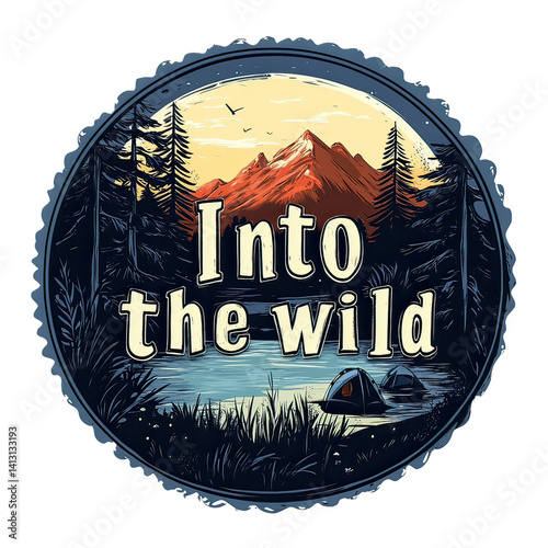 Camping Adventure Emblem with Nature Icons – Vintage Wilderness Badge Featuring Hiking, Survival Elements, Mountains, Trees, and Outdoor Gear Design for Scouts and Explorers