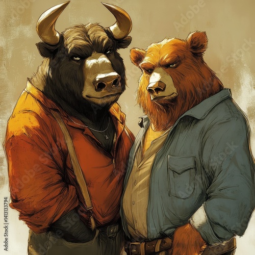 Bull and bear, as characters in a comic book 