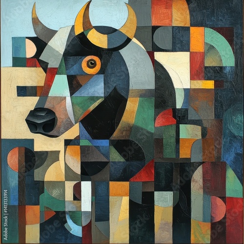 Bull and bear, cubist style, fragmented shapes