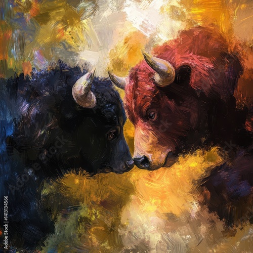 Bull and bear, impressionist style, blurry and colorful 