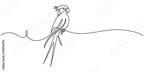 abstract parrot with a tuft, cockatoo Continuous One Line Drawing, National Bird Day. One continuous line drawing of wild parrot bird flying freely in the sky and stretched out its feathered wings.