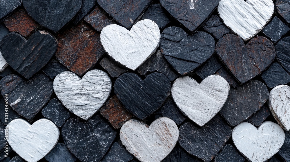 Obraz premium A collection of black and white hearts are stacked on top of each other