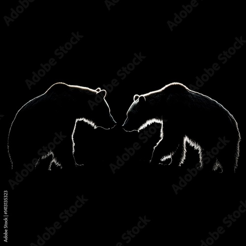 Bull and bear, silhouette, black background 
