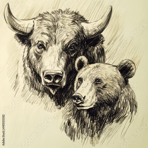 A detailed sketch of a bull and a bear, rendered in a classic, cross-hatched style with meticulous shading, featuring a close-up composition on a light, off-white paper background.