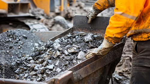 Mining worker loading ore into a dump truck at a mining site. Featuring ore transport and machinery operation
