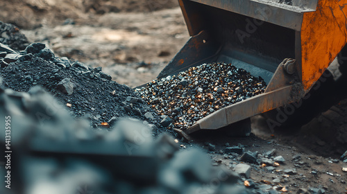 Mining worker loading ore into a dump truck at a mining site. Featuring ore transport and machinery operation