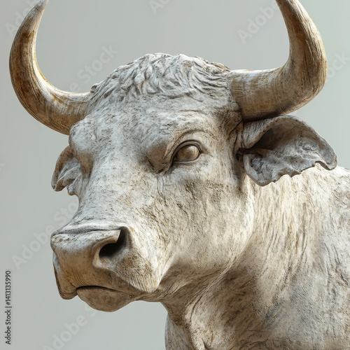 a sculpted bull head with prominent horns, rendered in a light-colored, textured material against a soft, neutral background.