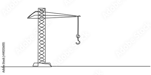 Tower crane one line continuous line. Outline line art tower crane. Hand drawn vector art, Tower crane continuous one line drawing, One seamless line. Ladies' shoes. Multi-floor building construction.