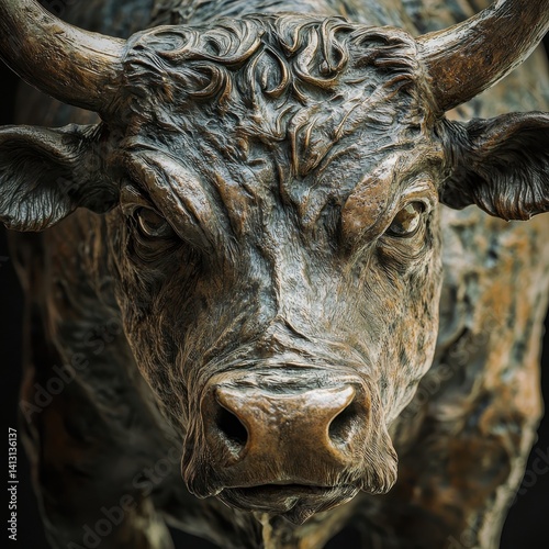 a bronze bull sculpture, focusing on its detailed face with intricate textures and a direct, intense gaze, set against a blurred, dark background.