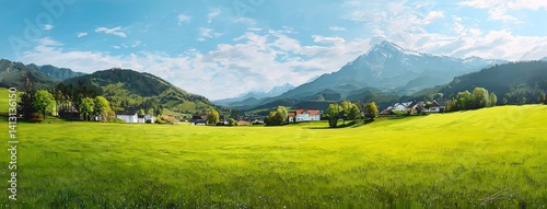Rural Panorama. Green fields, mountains, and houses under a blue sky embody rustic simplicity. Applications: tourism campaigns, desktop wallpapers, or art exhibitions. 