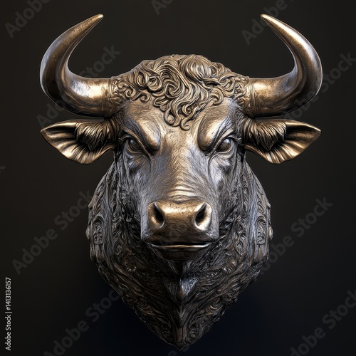 A digital rendering of a bronze bull head sculpture, featuring prominent, curved horns and intricate detailing, set against a dark, solid background.