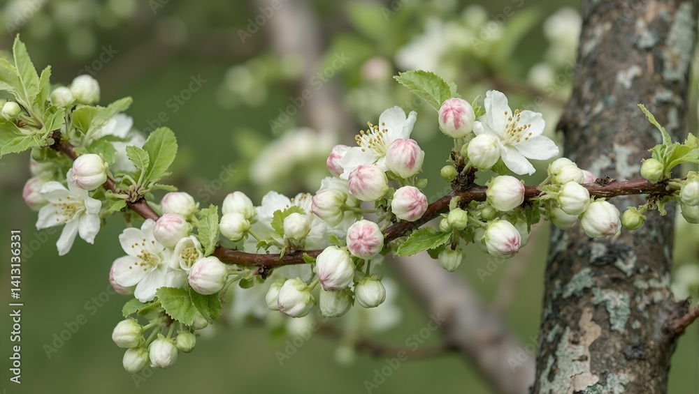 Vibrant apple tree blossoms bursting with white and soft pink petals against a textured bark backdrop make for a serene and delicate springtime composition Vibrant apple tree blossoms bursting with white and soft pink petals against a textured bark backdrop make for a serene and delicate springtime composition