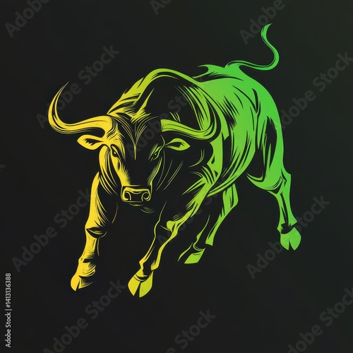 A stylized vector illustration of a bull, rendered in a gradient color palette of green and yellow with bold, flowing lines against a solid black background.