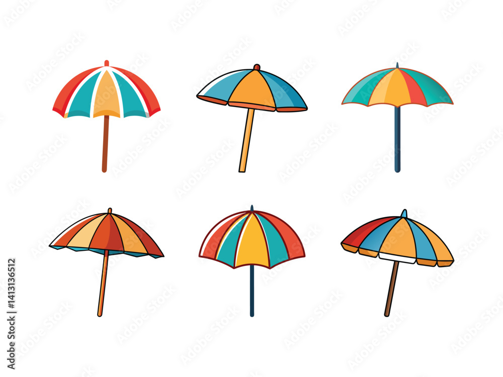 Colorful beach umbrella collection in different angles and styles vector illustration isolated on white background Colorful beach umbrella collection in different angles and styles vector illustration isolated on white background