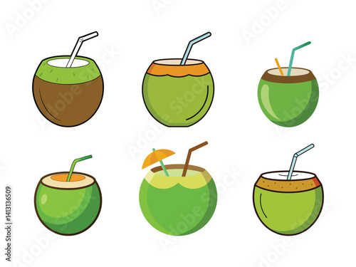 Collection of tropical coconut drinks with straws and decorative elements vector illustration isolated on white background