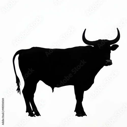 A silhouette of a bull with prominent horns, rendered in solid black against a bright white background, capturing its full body profile in a minimalist style.