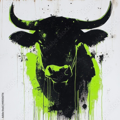 A pop art style painting of a bull's head with large, curved horns, featuring a bold black silhouette with bright green highlights and dripping paint effects against a light, off-white background.