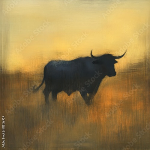A serene painting of a bull in silhouette, captured against a warm, golden-yellow background with subtle textural details and a soft, diffused light, evoking a sense of tranquility and natural beauty.