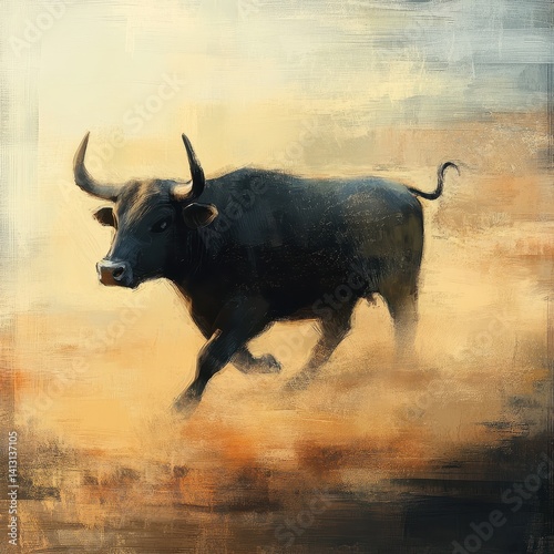 A dynamic painting of a black bull running through a dusty landscape, captured with expressive brushstrokes and a warm, sunlit palette.