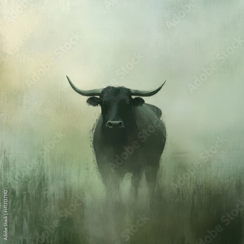 An atmospheric painting of a dark bull with long, curved horns, standing in a misty, ethereal landscape, rendered with soft brushstrokes and a muted, cool color palette.