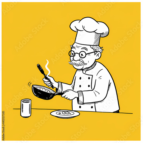 Elderly chef cooking meal. Elderly Chef with Glasses Focused Cooking Food on Yellow Background with Copy Space