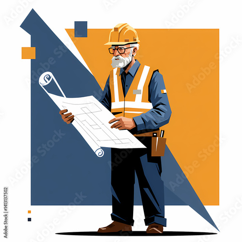 Elderly engineer with blueprint. Elderly Foreman Inspecting Construction Plans with Expertise on Modern Background
