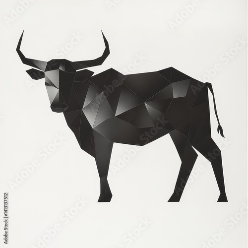 A geometric illustration of a black bull, rendered in a low-poly style with a monochromatic black and white palette against a plain white background.
