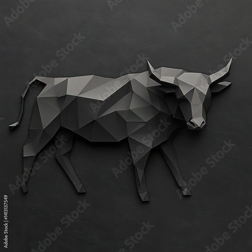 A 3D papercraft sculpture of a bull, rendered in a low-poly style with a monochromatic dark gray palette against a textured black background.