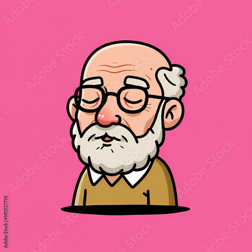 Elderly man with eyes closed. Calm Senior Man with Beard Wearing Glasses Against Pink Background