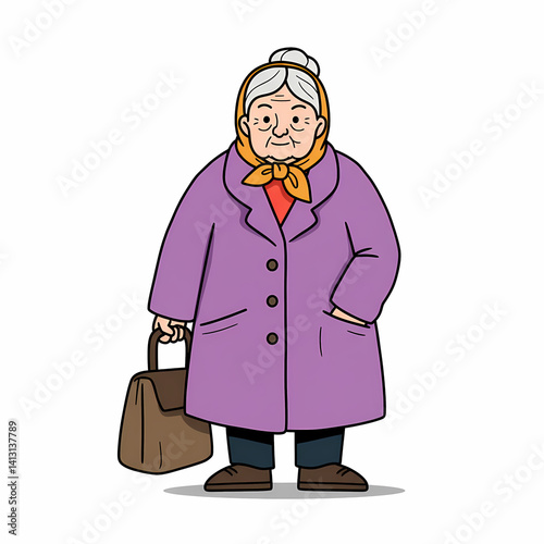 Elderly woman in old coat. Elderly Woman in Lilac Coat Holding Handbag Stoically on White Background