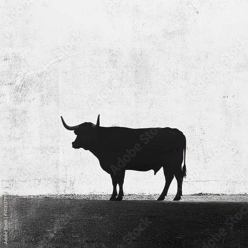 A stark silhouette of a bull, rendered in black against a textured white wall and a dark foreground, capturing its profile in a minimalist, high-contrast style.