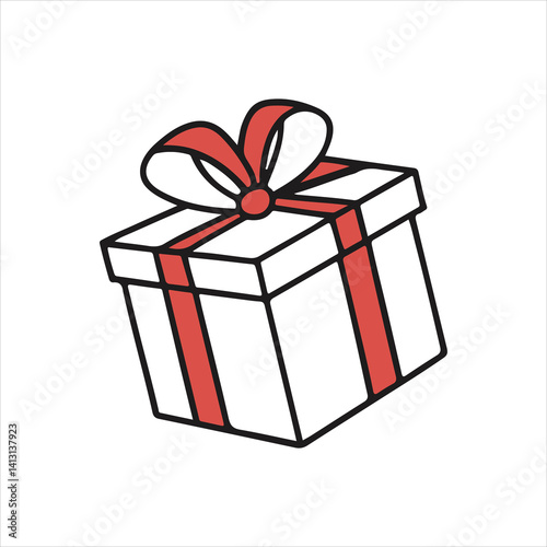 Cute present box with red ribbon and bow, minimal flat gift illustration for celebration or holiday