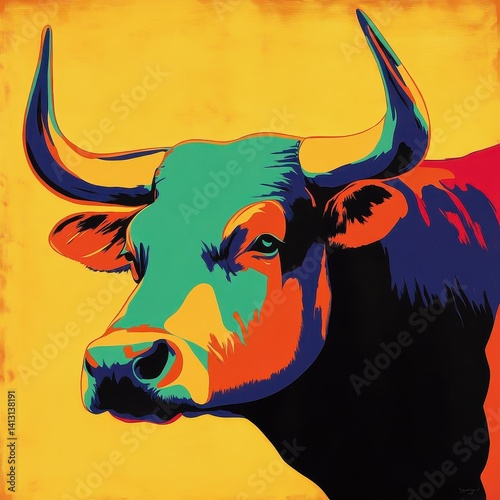 A vibrant, pop art style painting of a bull's head with prominent horns, featuring bold, contrasting colors against a textured yellow background.
