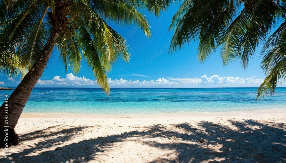 Obraz premium Tropical beach scene, palm trees, ocean