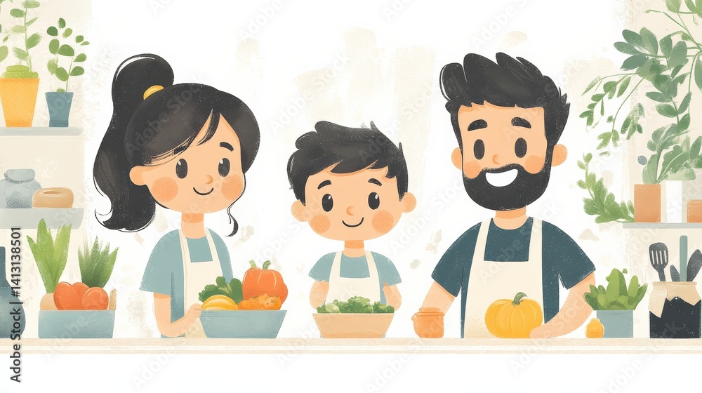 Family preparing fresh vegetables in a cozy kitchen, surrounded by plants and kitchenware Family preparing fresh vegetables in a cozy kitchen, surrounded by plants and kitchenware