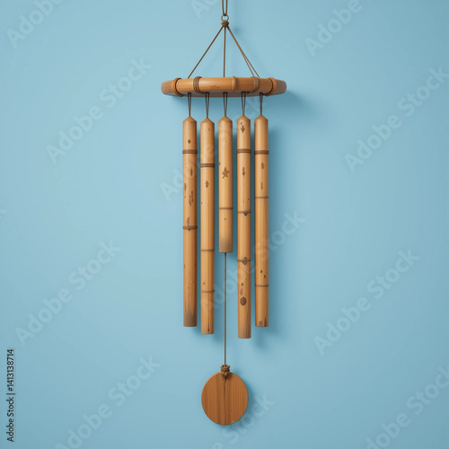 Tranquil Wind Chime: A serene wind chime hangs delicately, its natural bamboo tubes ready to tinkle a peaceful melody. Capturing the essence of calm and harmony.