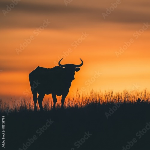A serene silhouette of a bull with curved horns against a vibrant orange sunset, standing on a grassy hill.