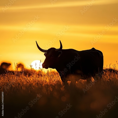 A serene silhouette of a bull with curved horns against a golden sunset, standing in a field of tall grass with the setting sun visible on the horizon.