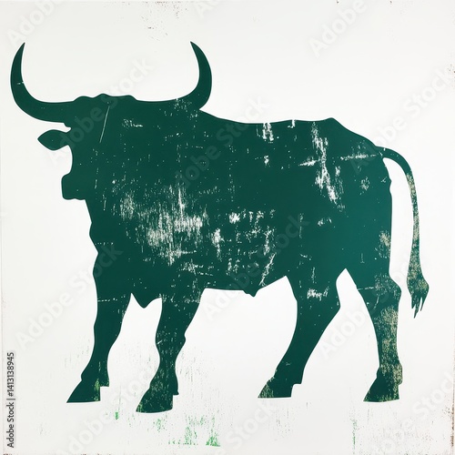 A distressed, graphic-style silhouette of a bull with prominent horns, rendered in dark green against a light, off-white background.