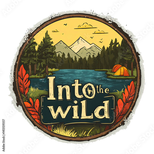 Camping Adventure Emblem with Nature Icons – Vintage Wilderness Badge Featuring Hiking, Survival Elements, Mountains, Trees, and Outdoor Gear Design for Scouts and Explorers