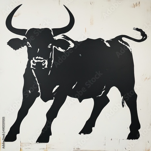 A bold, graphic-style illustration of a bull with prominent horns and tail, rendered in black silhouette with white highlights against a light, off-white background with subtle textures.