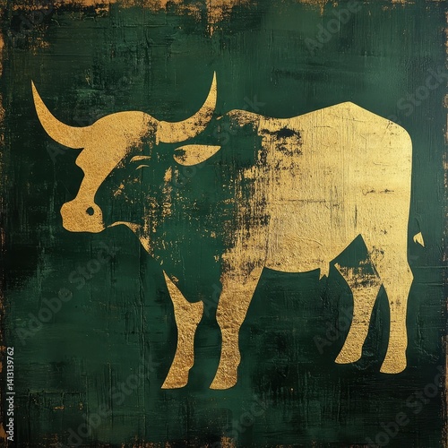 A textured, graphic-style representation of a bull in gold foil against a dark green background with distressed edges.
