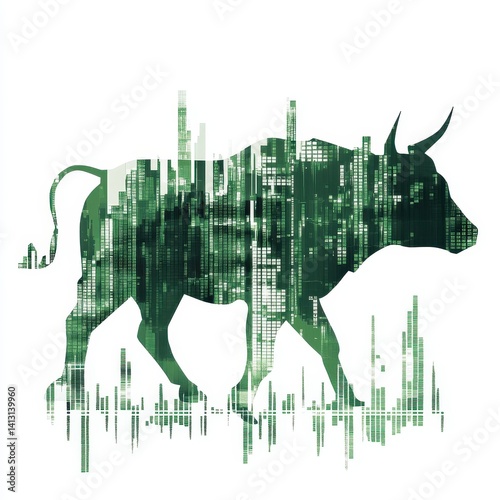 Silhouette of a bull filled with a green cityscape pattern against a financial backdrop, representing urban growth and bullish market trends.