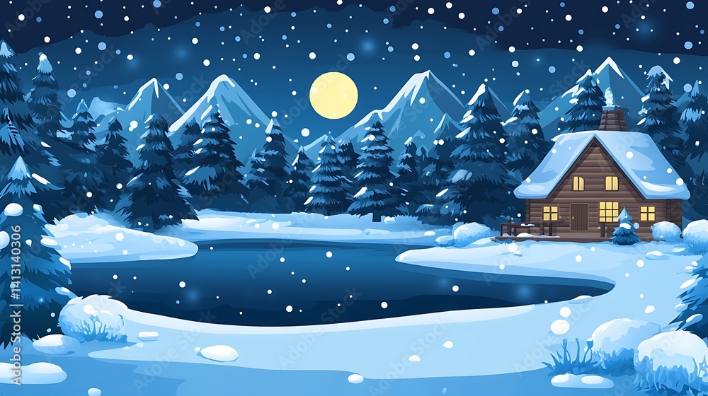 Fototapeta premium Snowy Night Cabin by Lake