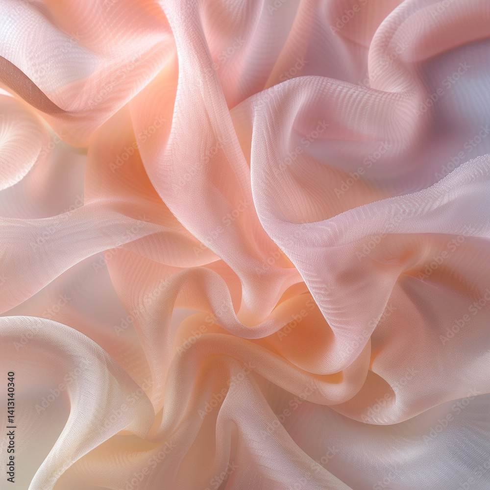 Fototapeta premium Abstract waves of soft peach chiffon silk fabric floating beautifully in light