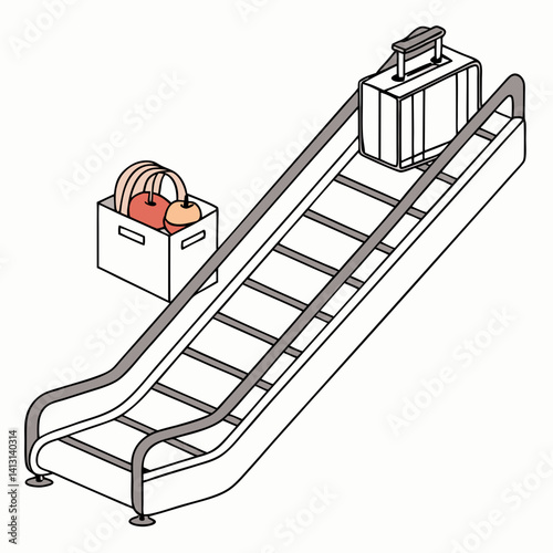 Escalator With Luggage And Basket Outline Illustration Suitable For Design Elements