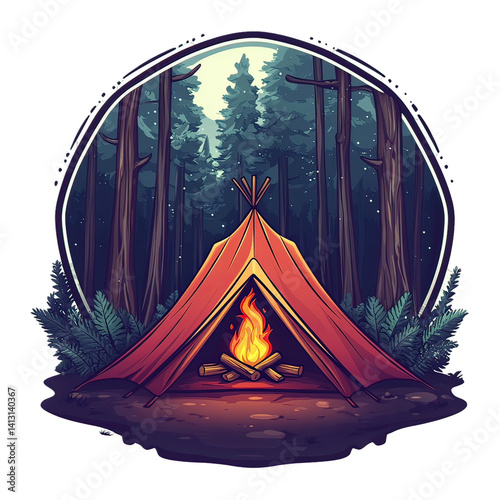 Camping Adventure Emblem with Nature Icons – Vintage Wilderness Badge Featuring Hiking, Survival Elements, Mountains, Trees, and Outdoor Gear Design for Scouts and Explorers