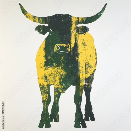 Stylized green and yellow bull with distressed texture, curved horns, and a firm stance, showcasing bold artistic design and visual presence.